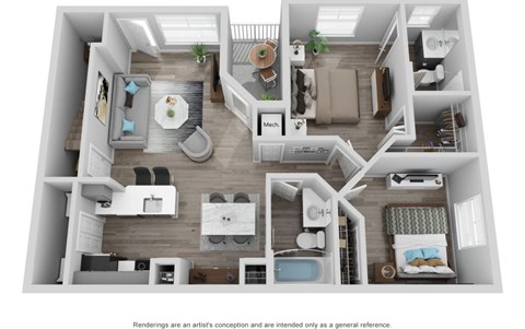 A 3D rendering of a modern, two-story house with a living room, kitchen, dining room, and bedrooms.